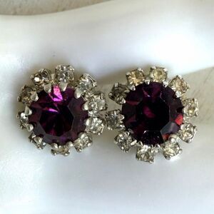 Vintage Amethyst Purple Rhinestone Cluster  Earrings